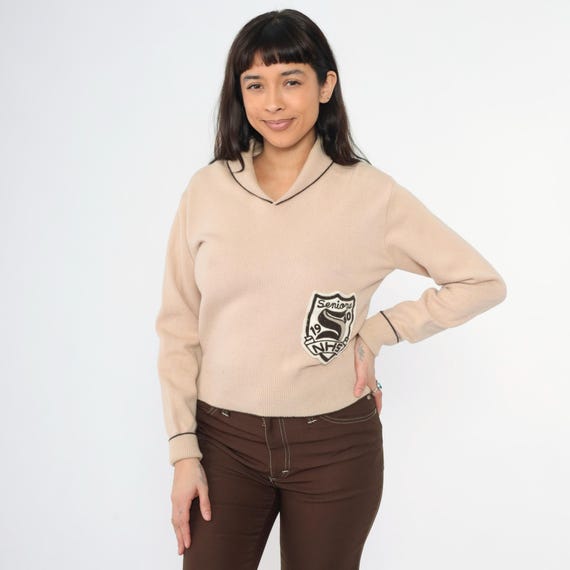 Vintage 60s Varsity Sweater Tan Wool 1960 Letterman High School Sweater 1960s NHS Shawl Collar Pullover Campus Class Small S