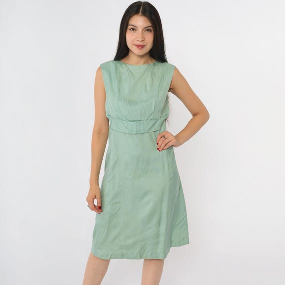 60s Green Cocktail Dress Empire Waist Mad Men 1960s Sheath Party Vintage Brunch Dress Plain Sleeveless Minimalist Knee Length Midi Small xs