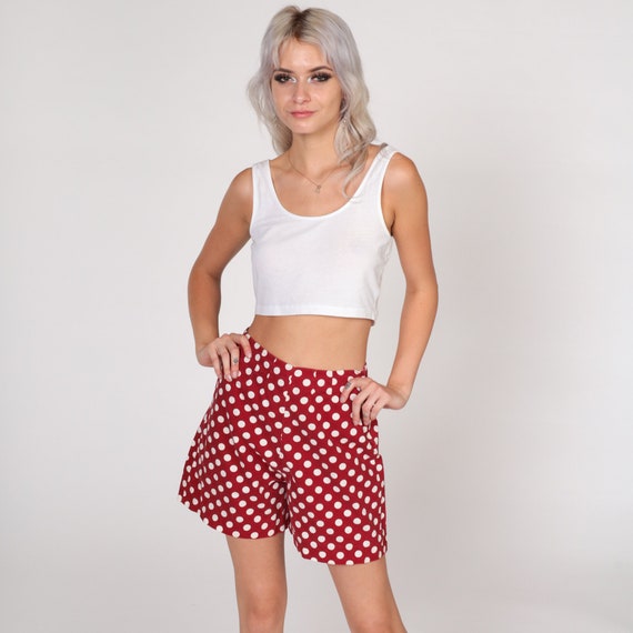 Polka Dot Shorts 70s Mod Shorts High Waisted Rise Red White Pinup Retro Summer Pin Up Mid Length Boho Girly Vintage 1970s Extra Small xs