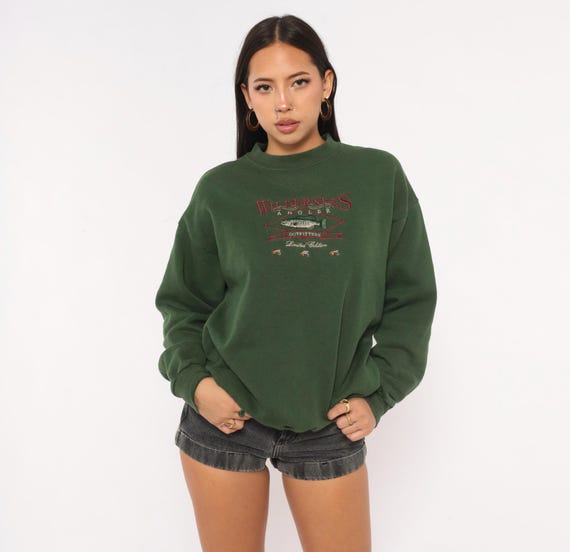 90s Fish Sweatshirt Wilderness Embroidered Fishing Olive Green Graphic Cotton Blend Forest Camping Sportsman Outdoors Granola Guy Large L