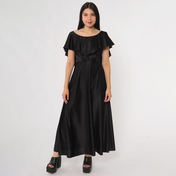 Black Ruffle Maxi Vintage 70s Dress Satin Disco Evening Gown Flutter Sleeve Dramatic Drape Back Flowy Skirt Grunge Alternative Small S