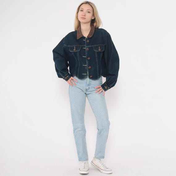 90s Denim Jacket Cropped Button Front Scalloped H… - image 2