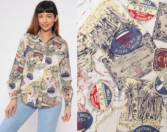 Travel Print Shirt 90s Novelty Top Button up Long Sleeve Button up Blouse Retro Hotel Postcard Tourist Graphic Print Vintage 1990s Medium M