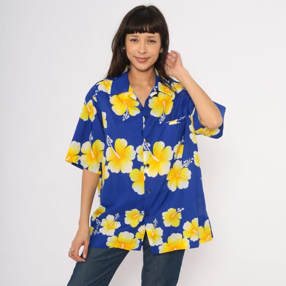 Hawaiian Hibiscus Shirt Hilo Hatties 90s Aloha Cobalt Blue Yellow Floral Camp Collar Tropical Vacation Beach Summer Unisex Extra Large XL
