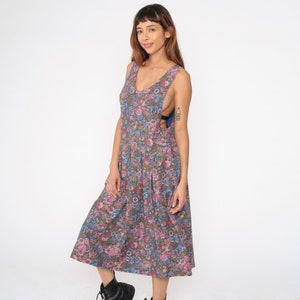 Floral Jumper Dress 90s Pinafore Midi Length Low Armhole Dress Pleated 1990s Vintage Scoop Neck Sundress Pink Purple Sun Dress Small S image 3