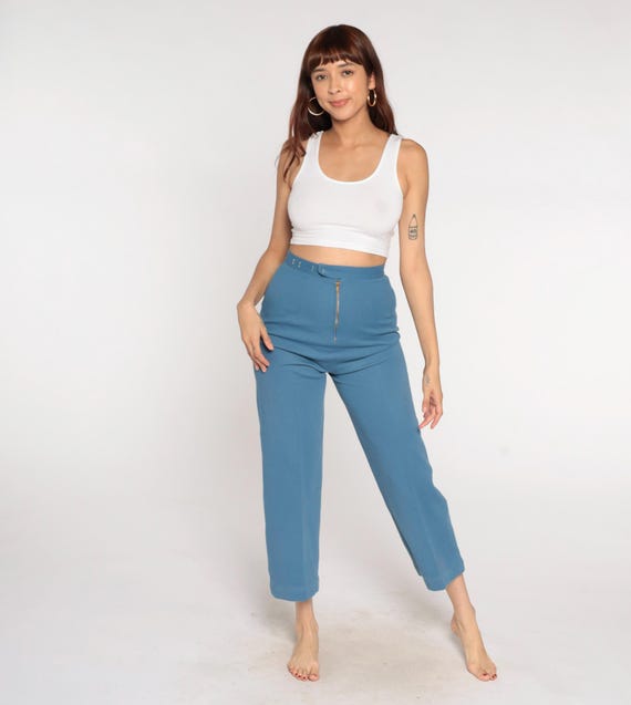 70s High Waisted Pants Dusty Blue Cropped Trousers Zipper Front Belt Loops Ankle Length Vintage Straight Leg Preppy Bohemian Extra Small XS