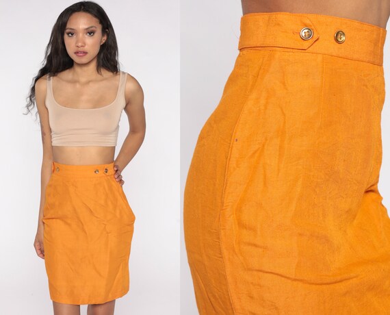 80s Pencil Skirt Orange Silk Skirt 1980s Vintage … - image 1