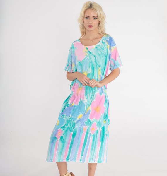 Watercolor Floral Dress 90s Midi Dress Flower Print Day Dress Short Sleeve High Waisted Summer Pink Green Cotton Vintage 1980s Large