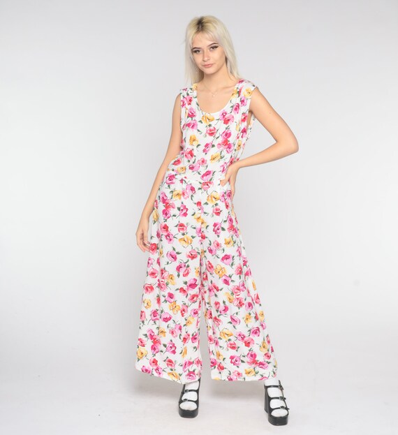 90s Floral Jumpsuit White Pink Wide Leg Boho Baggy Pa… Gem