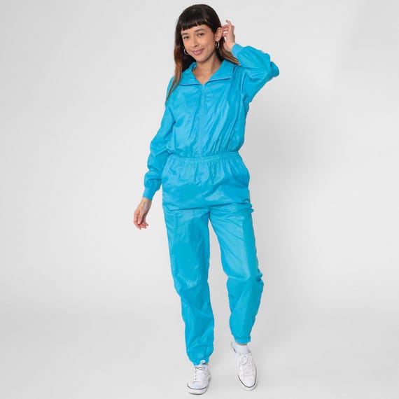 Vintage Nike Tracksuit Jumpsuit 80s Bright Blue Windbreaker One Piece Nylon Zip Up Romper Track Suit 1980s Athletic Retro Sporty Medium M