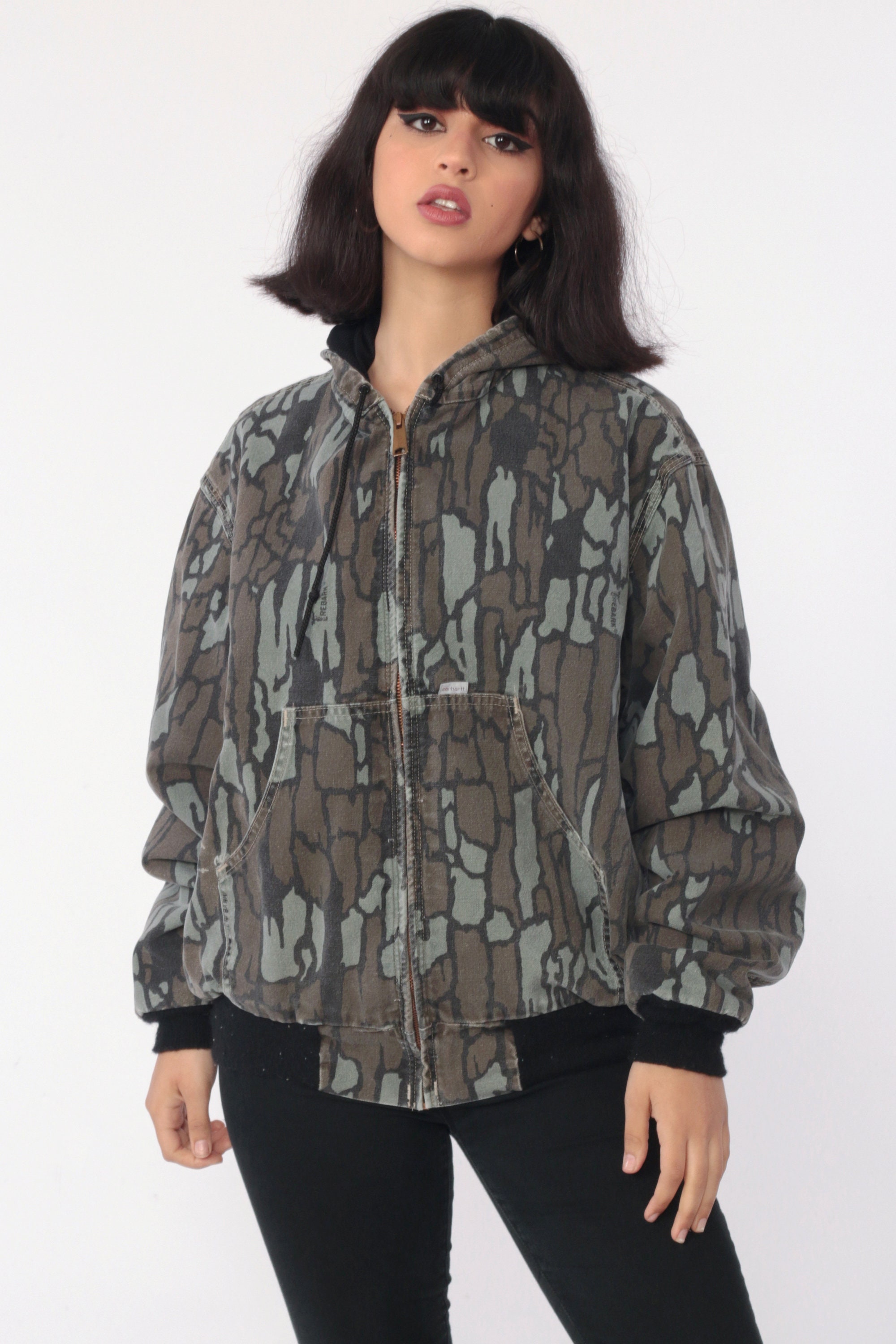 Camo Carhartt Jacket 90s Hooded Camouflage Green Work Wear Cargo Jacket Hood Grunge Zip Up Coat 