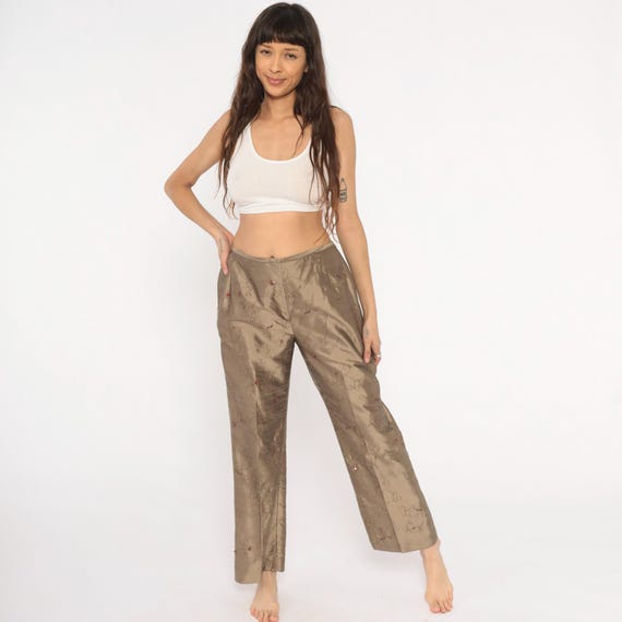 Embroidered Silk Trousers 2000s Beaded Floral Vine Low Rise Straight Leg Tan Gold Stitched Evening Taupe Sand Slacks Vintage Medium M