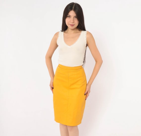 90s Yellow Leather Pencil Skirt Forenza High Waist Knee Length Mustard Marigold Paneled Yoke Seam Rocker Gold Vintage Womens Extra Small XS