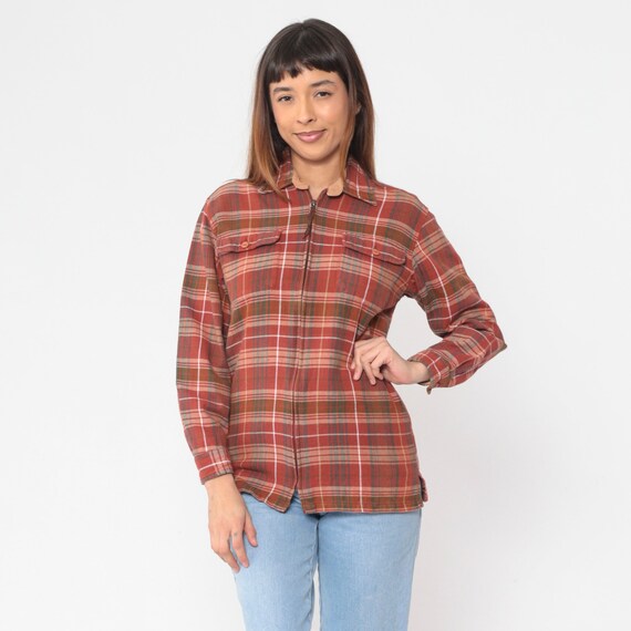 Plaid Jacket y2k Zip Up Flannel Shirt Jacket Retro Red Checkered Shacket Grunge Streetwear Hiking Collared Jacket Cotton Vintage 00s Small S
