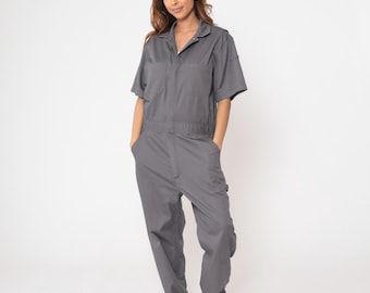 Grey Coveralls Y2K CQR Utility Overalls Short Sleeve Mechanic Boilersuit Cargo Pockets Workwear One Piece Vintage 2000s Medium M