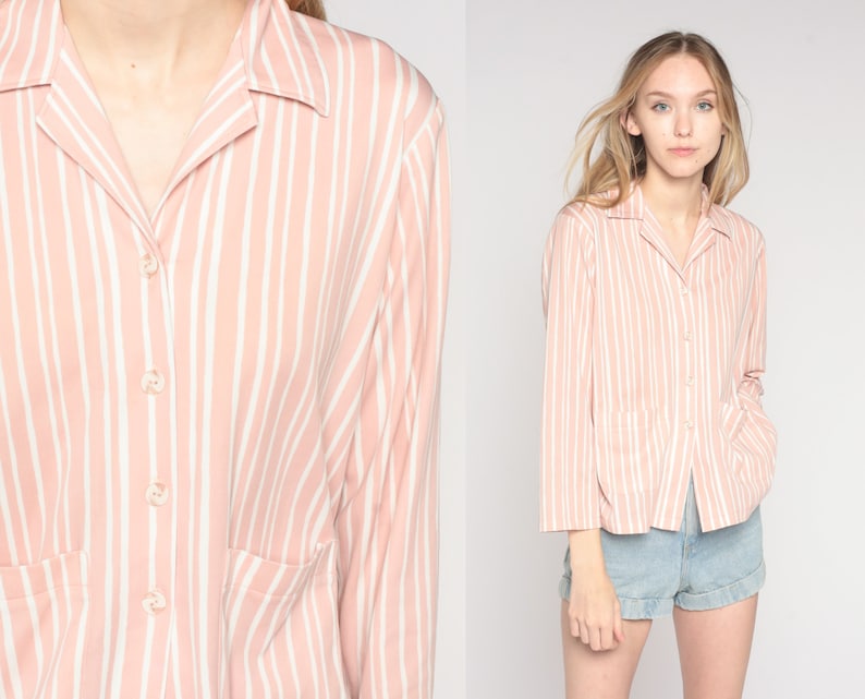 70s Striped Blouse Pink White Button Up Top Retro Disco Shirt Long Sleeve Collared Pocket Shirt Preppy Basic Summer Vintage 1970s Large L image 1