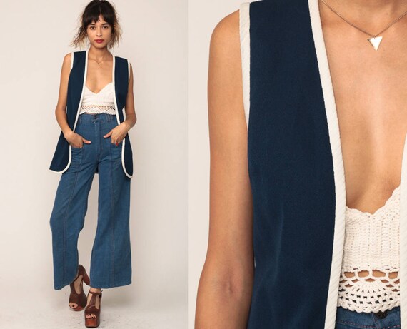 Vest Top 70s Vest Navy Blue Sleeveless Vintage Hippie Boho Open Front Retro Small Medium
