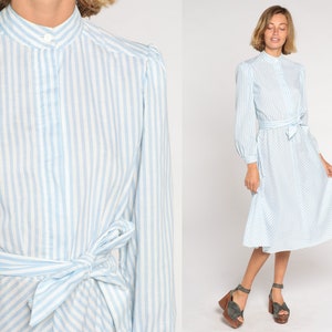 Striped Day Dress 80s Midi Dress Blue White Button Up Shirtwaist Dress Long Puff Sleeve High Waisted Retro Secretary 1980s Vintage Medium M image 1