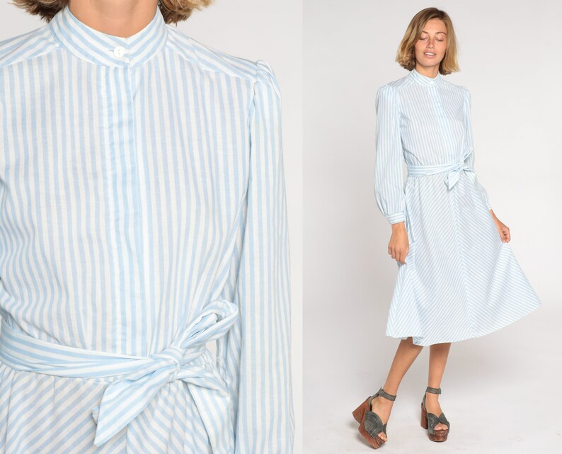 Striped Day Dress 80s Midi Dress Blue White Button Up Shirtwaist Dress Long Puff Sleeve High Waisted Retro Secretary 1980s Vintage Medium M image 1