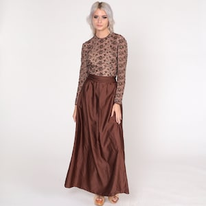 Brown Beaded Gown 60s Party Dress Sparkly Floral Maxi Dress Formal Retro Prom Semi-Sheer Glam Cocktail Long Sleeve Vintage 1960s Small S