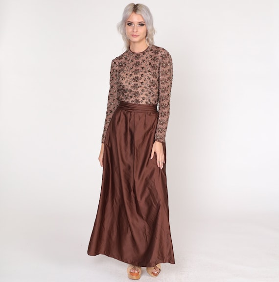 Brown Beaded Gown 60s Party Dress Sparkly Floral Maxi Dress Formal Retro Prom Semi-Sheer Glam Cocktail Long Sleeve Vintage 1960s Small S