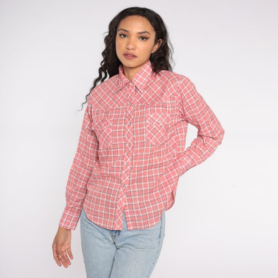 Plaid Western Shirt 80s Red Button Up PEARL SNAP White Blue 1980s Vintage Cowgirl Long Sleeve Hipster Cowboy Medium M