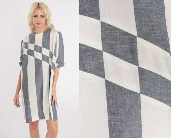 80s Mini Dress Puff Sleeve Day Dress Grey White Checkered Striped Print Shift Op Art Retro Shift Summer Opart Minidress Vintage 1980s Large
