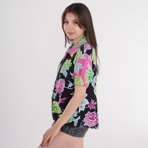 Beaded Floral Blouse Y2k Button up Shirt Black Pi… - image 4