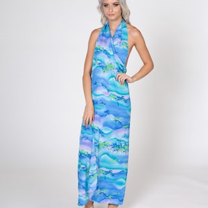 70s Wrap Dress Blue Floral Halter Neck Sundress Tropical Dress Maxi 1970s Hippie Low Back Sun Dress Vintage Sleeveless Beach Small Medium