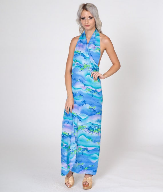 70s Wrap Dress Blue Floral Halter Neck Sundress Tropical Dress Maxi 1970s Hippie Low Back Sun Dress Vintage Sleeveless Beach Small Medium