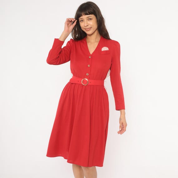 80s Red Day Dress Puff Sleeve V Neck Belted Waist Lace Pocket Square Scarlet Gold Accent Vintage Cherry Secretary Office Long Sleeve Small S
