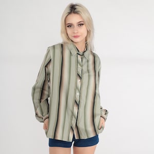 70s Striped Blouse Button up Shirt Long sleeve Collared Top Retro Preppy Seventies Secretary Green Pink Vintage 1970s Lady Arrow Large L