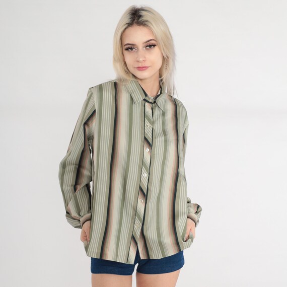 70s Striped Blouse Button up Shirt Long sleeve Collared Top Retro Preppy Seventies Secretary Green Pink Vintage 1970s Lady Arrow Large L