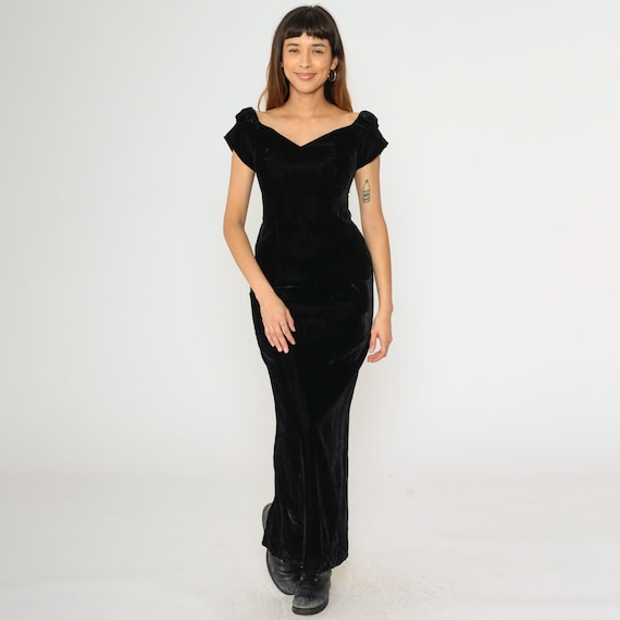 Vintage Black Velvet Party Dress 80s Bow Off Shoulder Maxi Cocktail Sheath Prom Formal Evening Gown Wiggle Pencil 1980s Rear Slit Small S