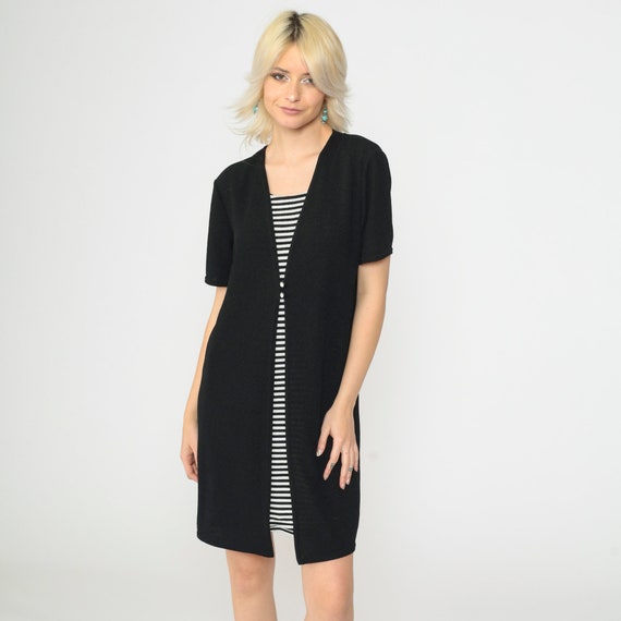 90s Black Knit Dress Button Front Striped Layer Vintage Short Sleeve Shift Monochrome Minimalist Grunge Casual Wear 1990s Petite Medium