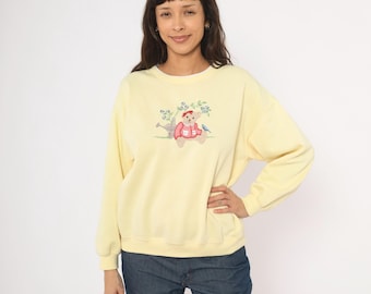 Teddy Bear Embroidered Sweatshirt 90s Butter Yellow Gingham Floral Garden Pullover Cottagecore Cozy Knit Trim Relaxed Fit Vintage Large L