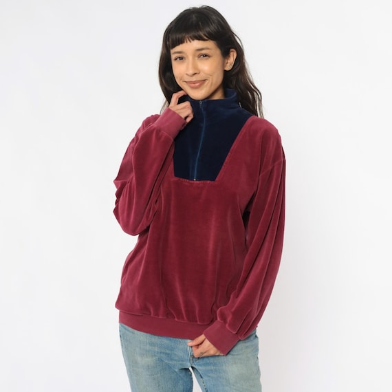 80s Velour Pullover Burgundy Navy Colorblock Half Zip Collared Sweatshirt Two Tone Grandpacore Preppy Athletic Vintage Track Top Medium M