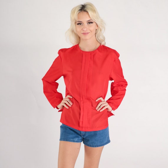 Red Pleated Blouse 80s Secretary Top Long Sleeve Shirt Retro Plain Blouse Classic Basic Vintage 1980s Polyester Medium