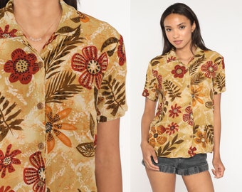 Floral Blouse 80s 90s Brown Tropical Shirt Short Sleeve Shirt Button Up Top Botanical Flower Print Bohemian Vintage Medium