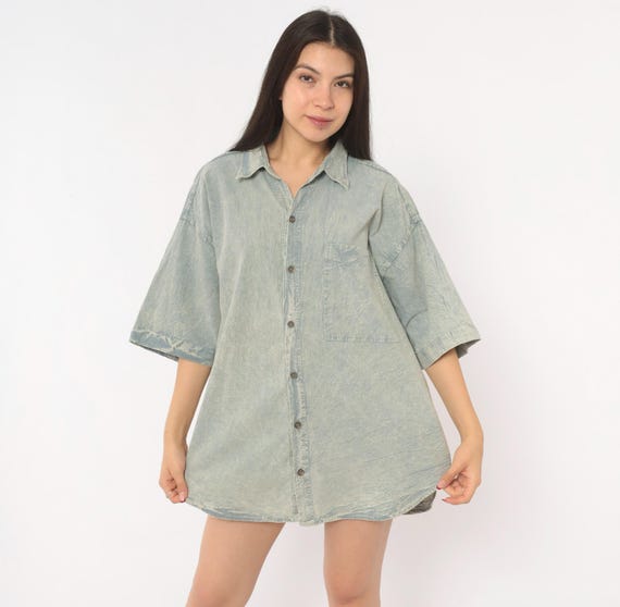 Acid Wash Denim Shirt 90s JJ Blu Button Front Short Sleeve Cotton Camp Collar Blue Grunge Relaxed Fit Boxy Vintage Unisex Top Blouse Large L