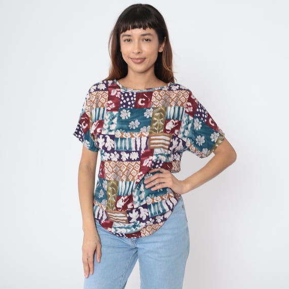 Patchwork Floral Blouse 90s Geometric Short Sleeve Pullover Top Grunge Boho 1990s Vintage Bohemian Blue Burgundy Rayon Medium