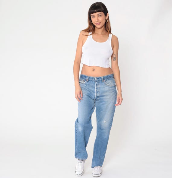 Levi's 501 Jeans 90s Light Blue Distressed Frayed Straight Leg Vintage Denim Faded Grunge High Waist Mom Jeans Relaxed Fit Cotton 38 x 31