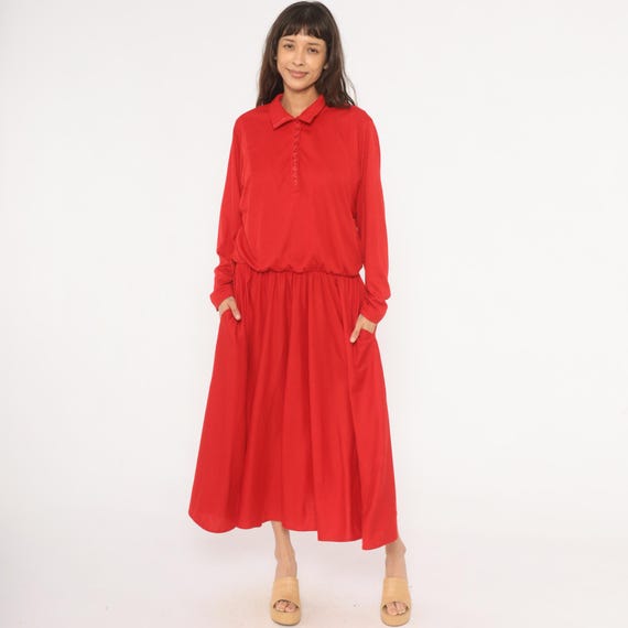 90s Red Polo Dress Collared Gathered Waist Crimson Drop Waist Scarlet Shirt Cherry Vintage Women Tomato Girl Teacher Outfit Modest Large L