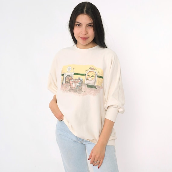 90s Cat & Mouse Sweatshirt Cream 3/4 Sleeve Animal Sweatshirt Vintage Graphic Crewneck Double Sided Front Back Large L