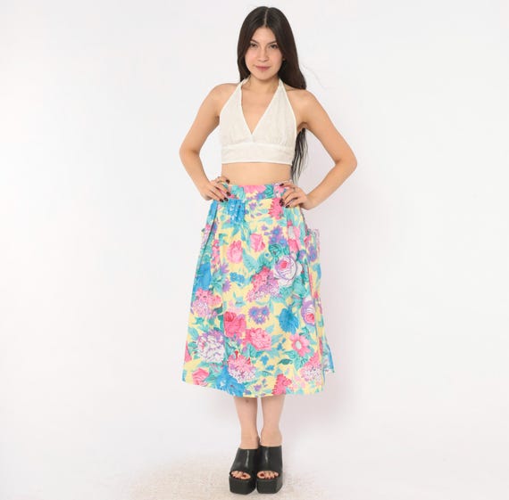 80s Floral Midi Skirt Pink Rose Print Cotton High Waist A Line Gathered Patch Pockets Yellow Pastel Cottagecore Prairie Vintage Medium M