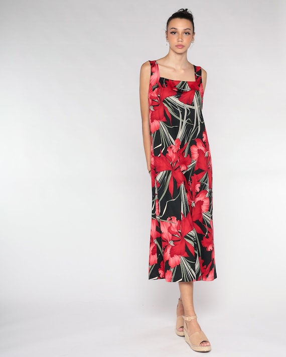 Black Floral Dress 90s Tropical Midi Dress Summer Sundress Orchid Flower Print Day Sun Bohemian Sleeveless Red Vintage 1990s Extra Large xl