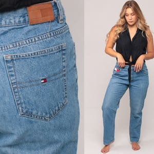 Tommy Jeans Mom Jeans TOMMY HILFIGER Jeans Flagge Denim Hose 90er Jahre hohe Taille Jeansblau entspannt Jahrgang Hipster große 12 35