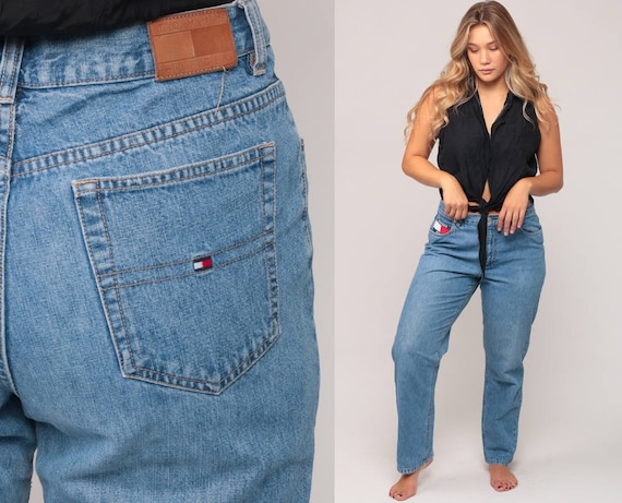 Tommy Jeans Mom Jeans TOMMY HILFIGER Jeans Flag Denim Pants 90s High Waist Jeans Blue Relaxed Vintage Hipster Large 12 35