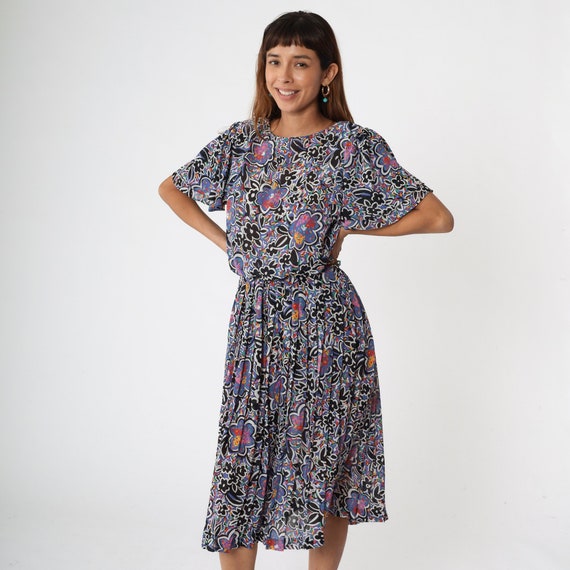 90s Floral Dress Flutter Sleeve Midi Dress Pleated Boho Retro Day Short Sleeve High Waisted Casual Purple Black Vintage 1990s Small Medium