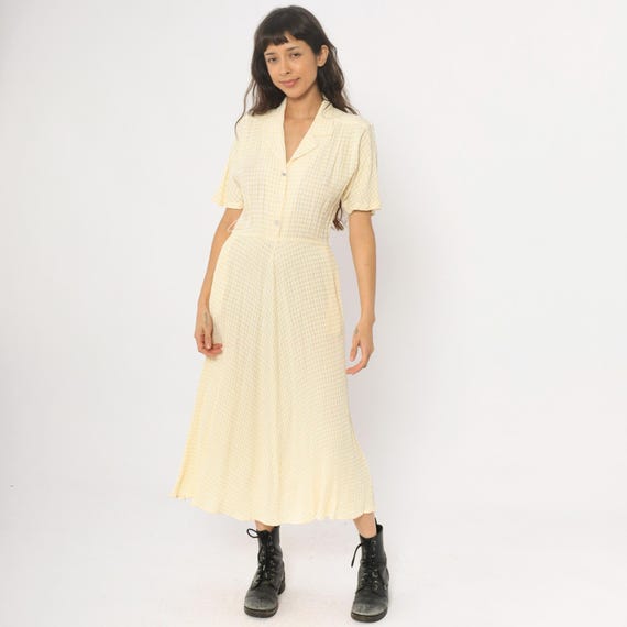 90s Yellow Gingham Dress Checkered Button Front Short Sleeve Pleated Skirt Prairie Cottagecore Light Academia Minimalist Vintage Medium M